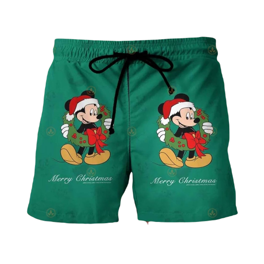 Mickey Mouse Shorts Mickey Mouse with Wreath Merry Christmas Beach Shorts Green