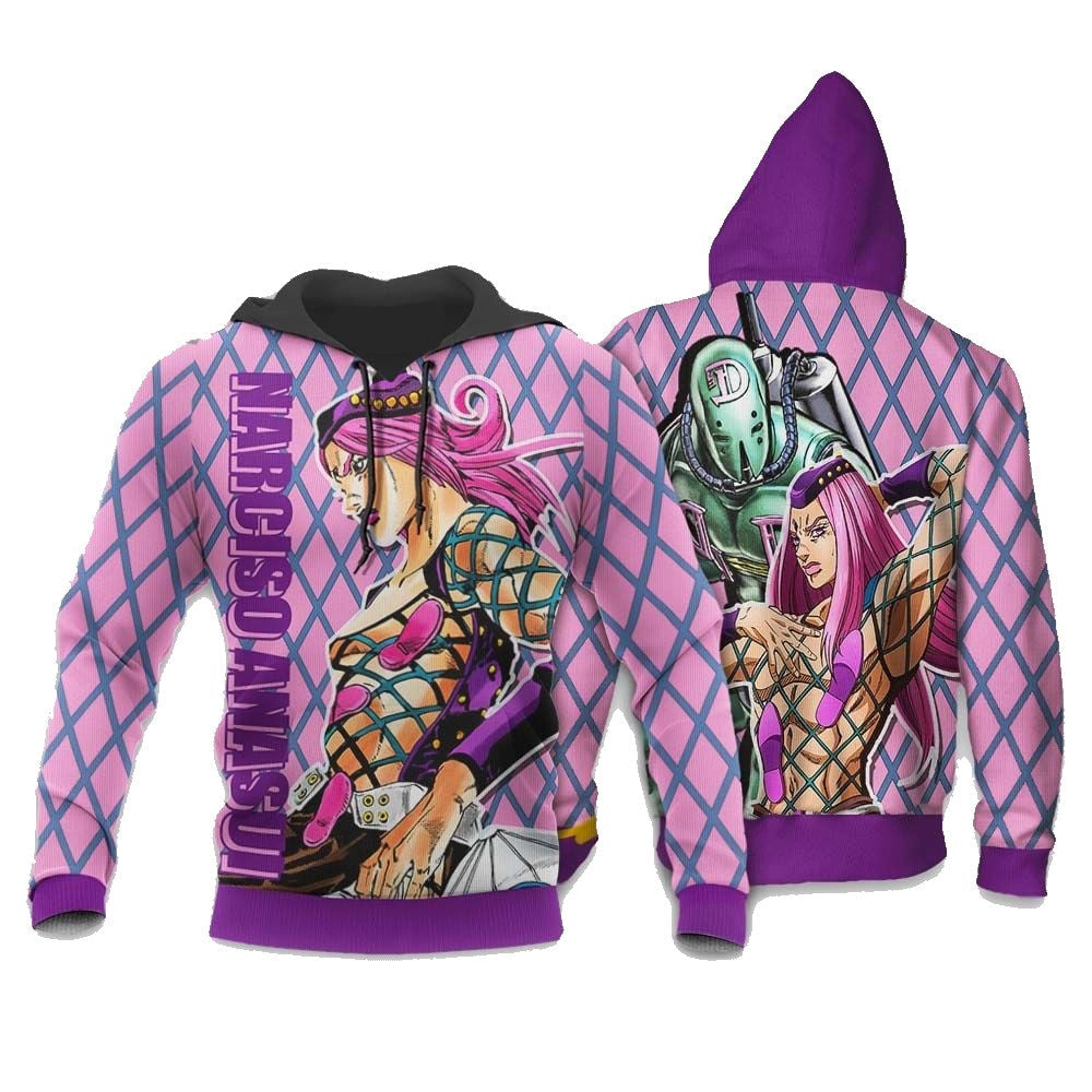 JoJos Bizarre Adventure Hoodie Narciso Anasui Graphic Square Pattern Hoodie Pink Unisex