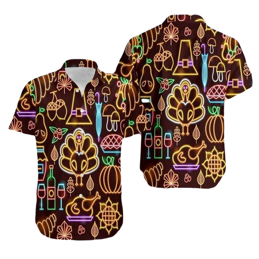 NoClaws Thanksgiving Hawaii Shirt Neon Light Thanksgiving Turkeys Aloha Shirt Colorful Unisex