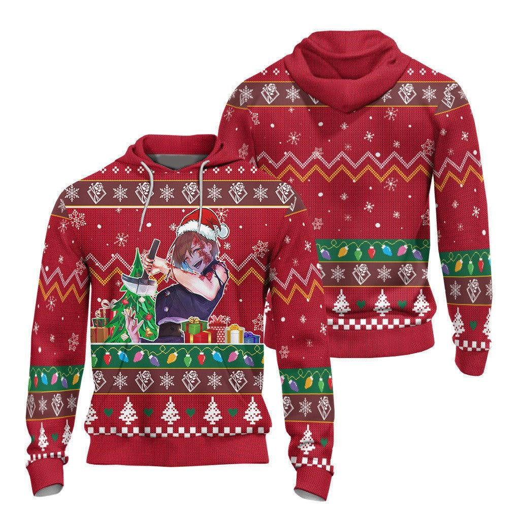 Jujutsu Kaisen Hoodie Nobara Fighting Christmas Pattern Hoodie Red Unisex