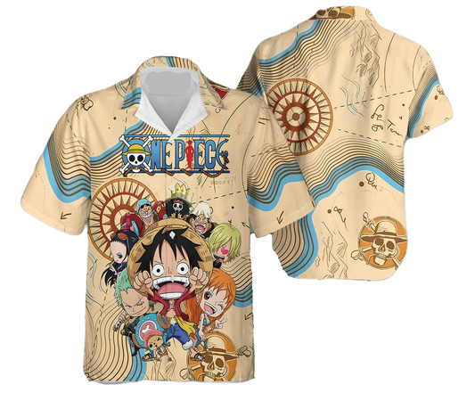 NoClaws NoClaws One Piece Hawaii Shirt One Piece Chibi Characters Map Pattern Hawaiian Shirt Colorful Unisex