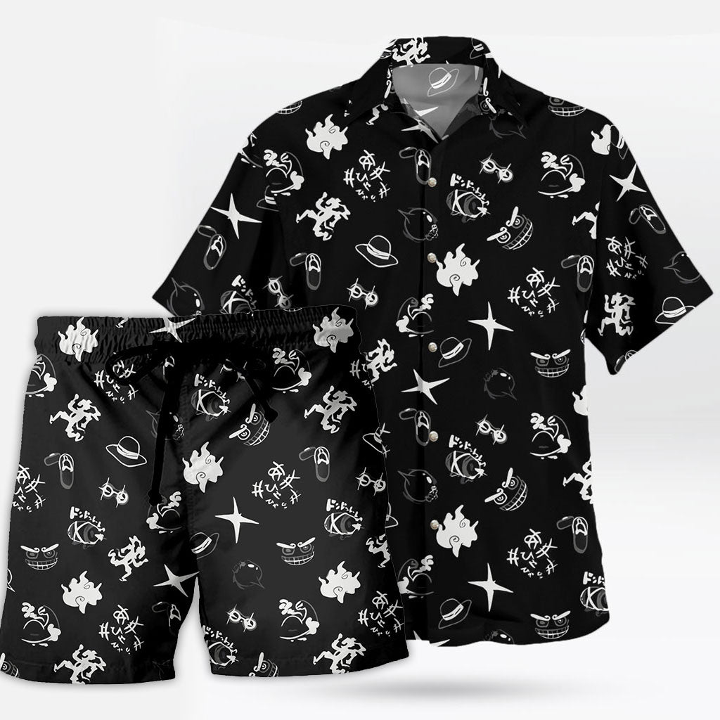 One Piece Black White Pattern Hawaiian Shirt and Shorts Set - One Piece Universe Store