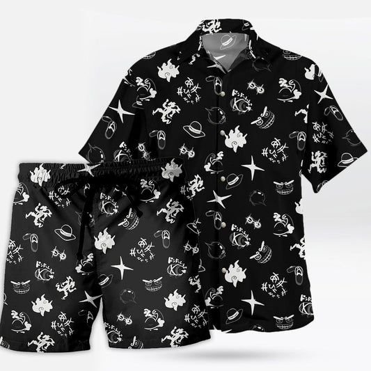 One Piece Black White Pattern Hawaiian Shirt and Shorts Set - One Piece Universe Store