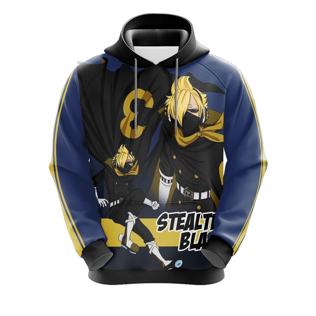 One Piece Hoodie Vinsmoke Sanji Stealth Black Graphic Hoodie Blue Yellow Unisex