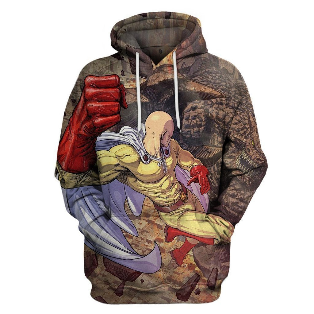 One Punch Man Hoodie Saitama Fights Monster Graphic Hoodie Brown Unisex