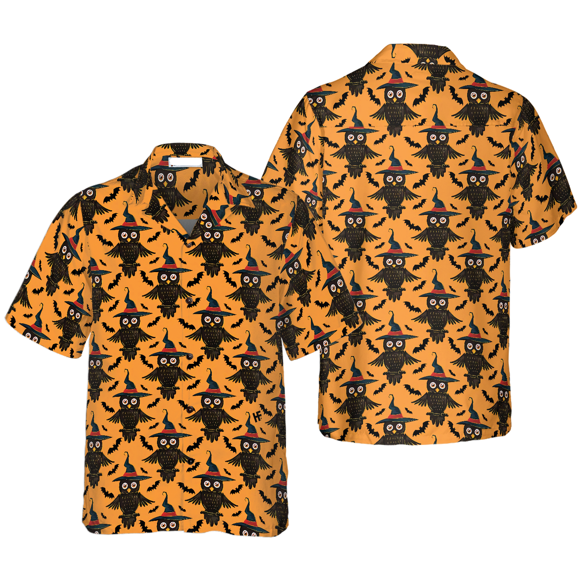 NoClaws Halloween Hawaii Shirt Halloween Witch Owl Bat Pattern Hawaiian Shirt Black Orange Unisex