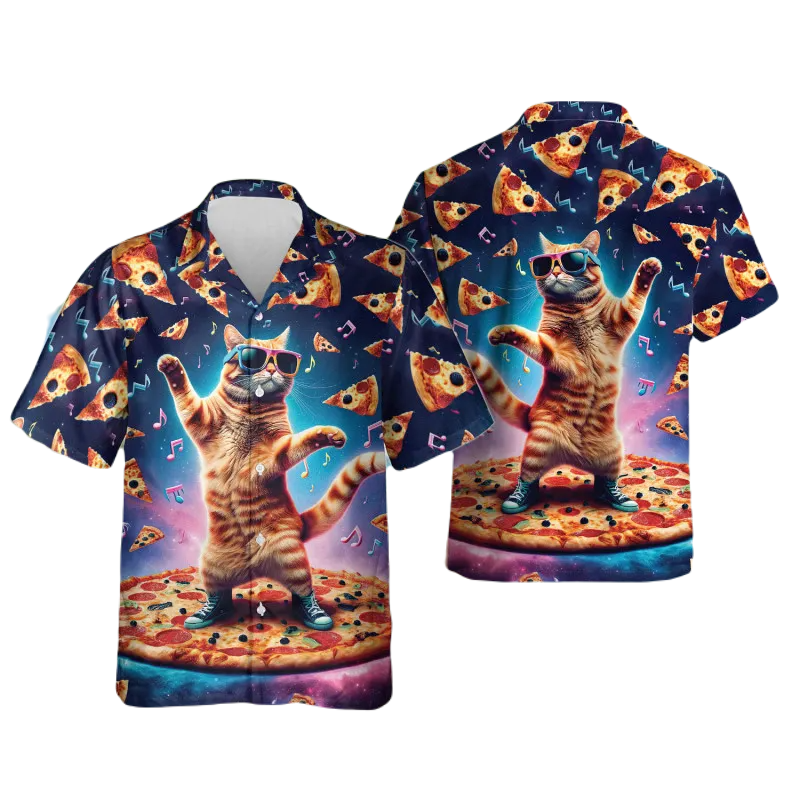 NoClaws Funny Hawaii Shirt Funny Pizza Cat In Galaxy Hawaiian Shirt Orange Blue Unisex