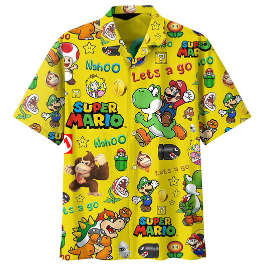 NoClaws Mario Hawaii Shirt Wahoo Let's A Go Super Mario Aloha Shirt Yellow Unisex