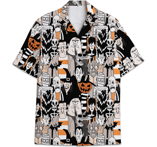 NoClaws Halloween Hawaii Shirt All Type Of Monsters Doodle Pattern Hawaiian Shirt Black White Unisex