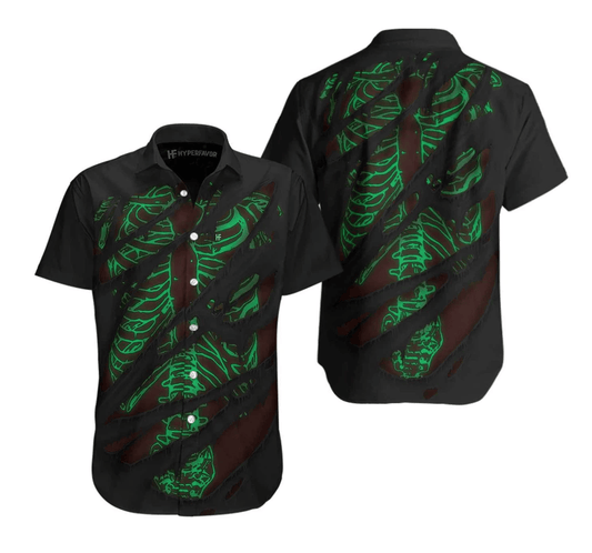 NoClaws Halloween Hawaii Shirt Halloween Glowing Skeleton Pattern Hawaiian Shirt Black Green Unisex