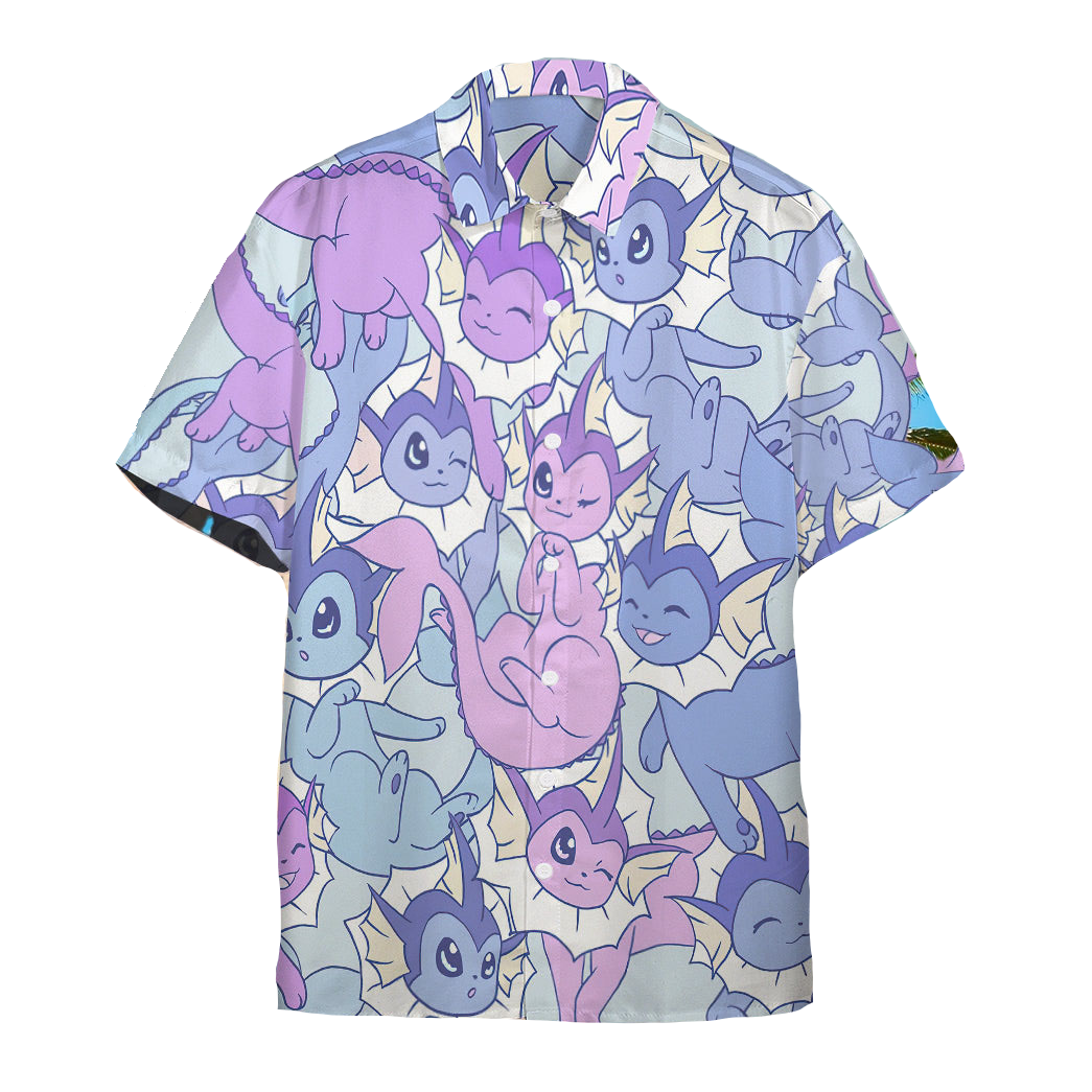 NoClaws Pokemon Hawaii Shirt Eevee Evolution Water Type Shiny Vaporeon Aloha Shirt Pink Blue Unisex