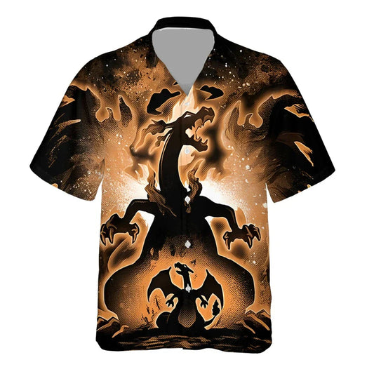 NoClaws NoClaws Pokemon Hawaii Shirt Pokemon Fire Type Charizard Evolution Hawaiian Shirt Black Orange Unisex