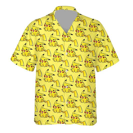 NoClaws NoClaws Pokemon Hawaii Shirt Pokemon Pikachu Jumping Pattern Hawaiian Shirt Yellow Unisex