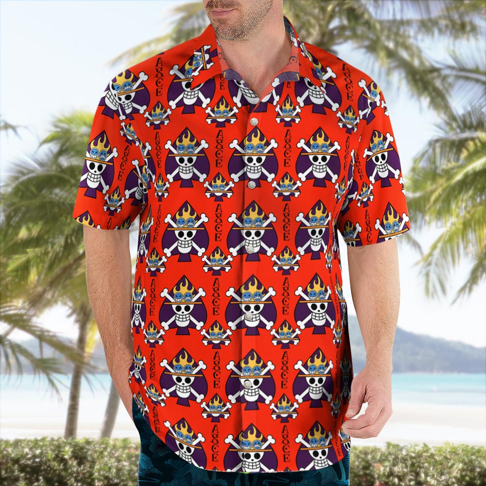 One Piece Portgas D. Ace Jolly Roger Button Up Hawaiian Shirt For Sale | One Piece Universe Store