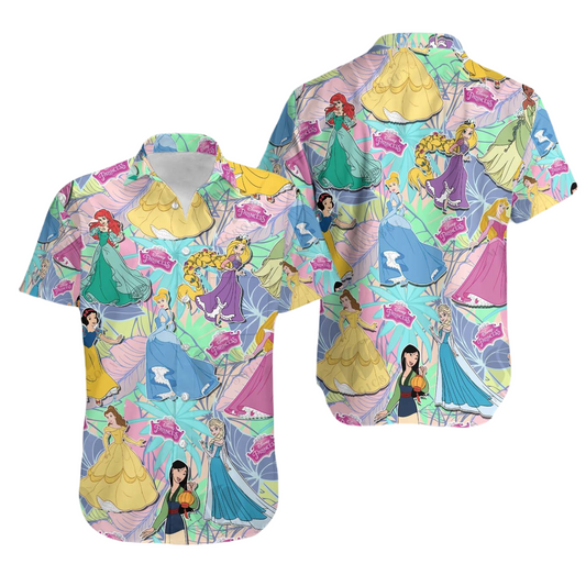 NoClaws Disney Hawaii Shirt Disney All Princesses Tropical Leaves Pattern Hawaiian Shirt Colorful Unisex