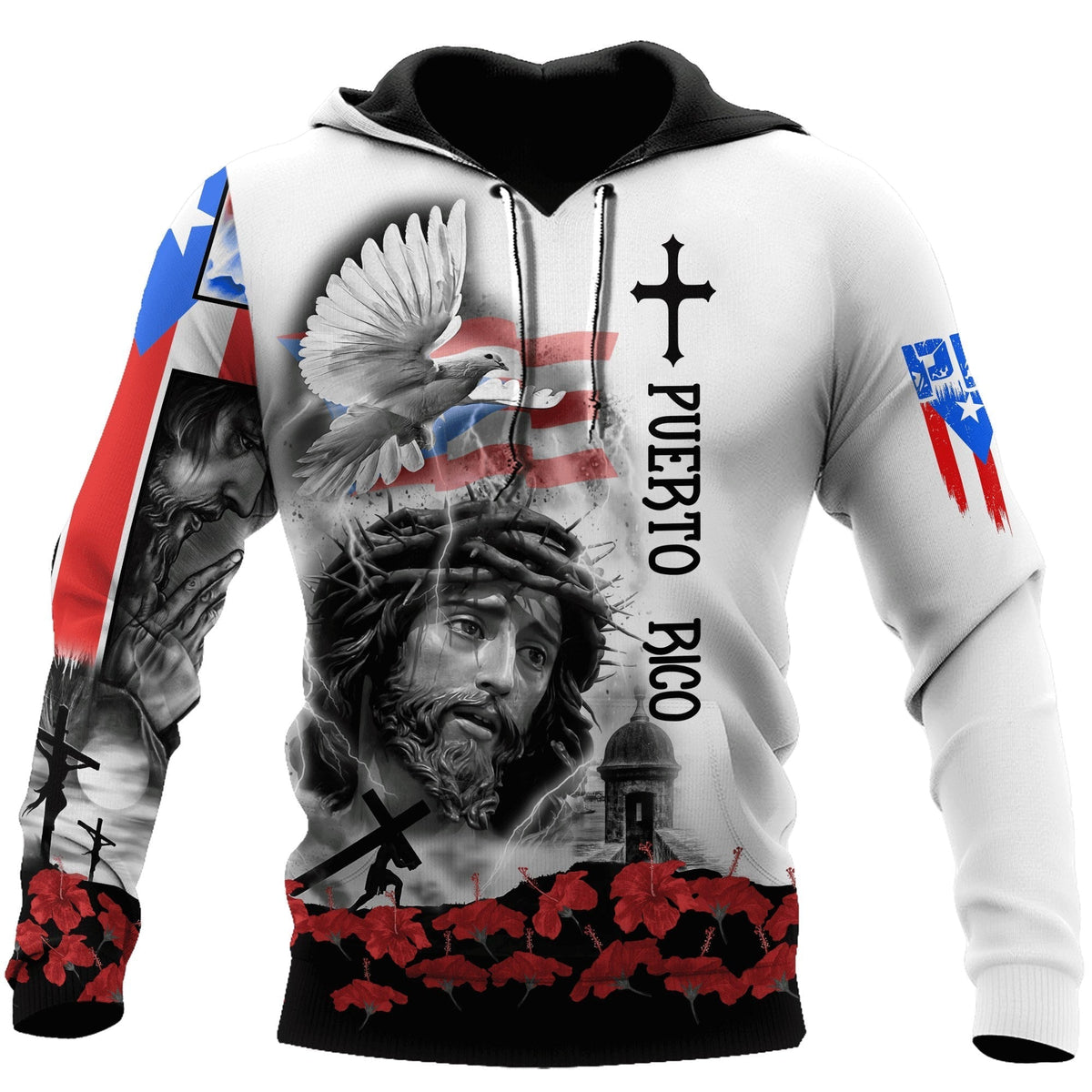 Puerto Rico Hoodie Puerto Rico Jesus Dove Cross Hoodie White Gray Unisex