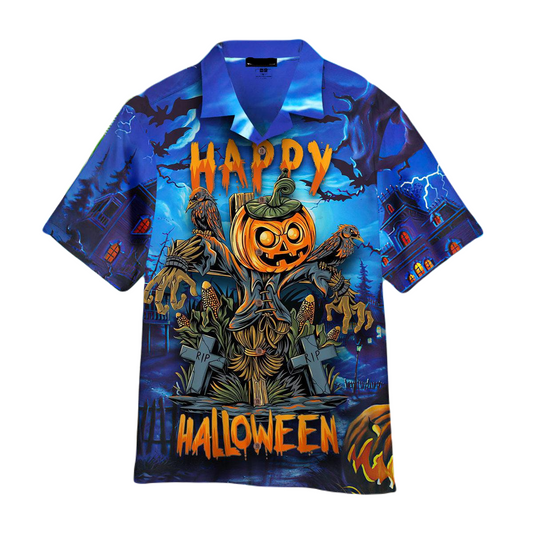 NoClaws Halloween Hawaii Shirt Pumpkin Dummy Happy Halloween Hawaiian Shirt Blue Brown Unisex