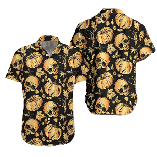 NoClaws Halloween Hawaii Shirt Pumpkin Skull Halloween Leaves Pattern Hawaiian Shirt Black Orange Unisex
