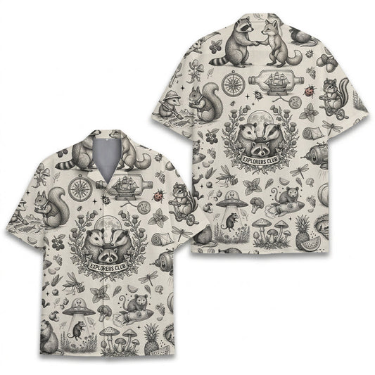 Vintage Animal Hawaiian Shirt, Forest Explorer Aloha Shirt, Woodland Nature Pattern Shirt