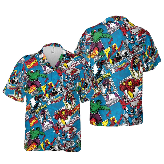 NoClaws NoClaws Marvel Hawaii Shirt Marvel Superheroes Comic Style Pattern Hawaiian Shirt Blue Unisex