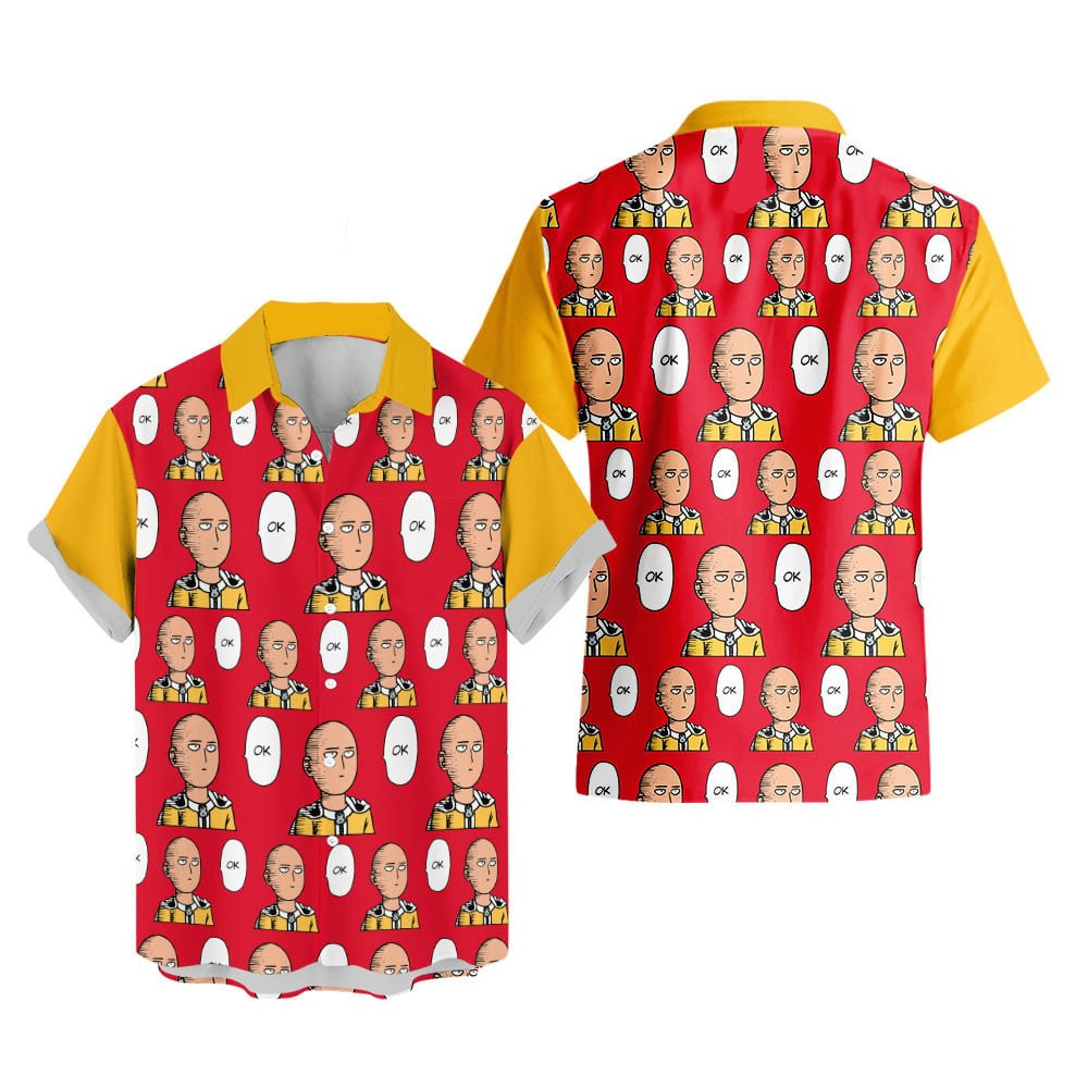 NoClaws One Punch Man Hawaii Shirt Saitama Ok Funny Face Pattern Aloha Shirt Red Yellow Unisex