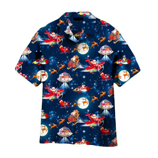 NoClaws Christmas Hawaii Shirt Santa Claus In The Sky Christmas Hawaiian Shirt Red Blue Unisex