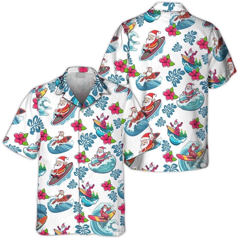 NoClaws Christmas Hawaii Shirt Santa Claus Surfing Pattern Hawaiian Shirt White Blue Unisex
