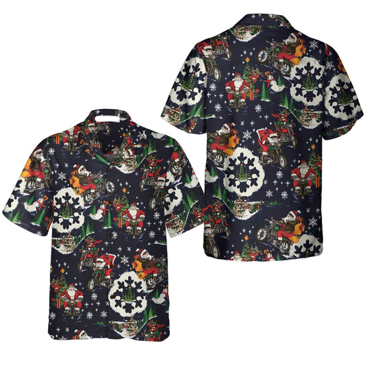 NoClaws Christmas Hawaii Shirt Santa On Motorcycle Christmas Pattern Hawaiian Shirt Black Unisex