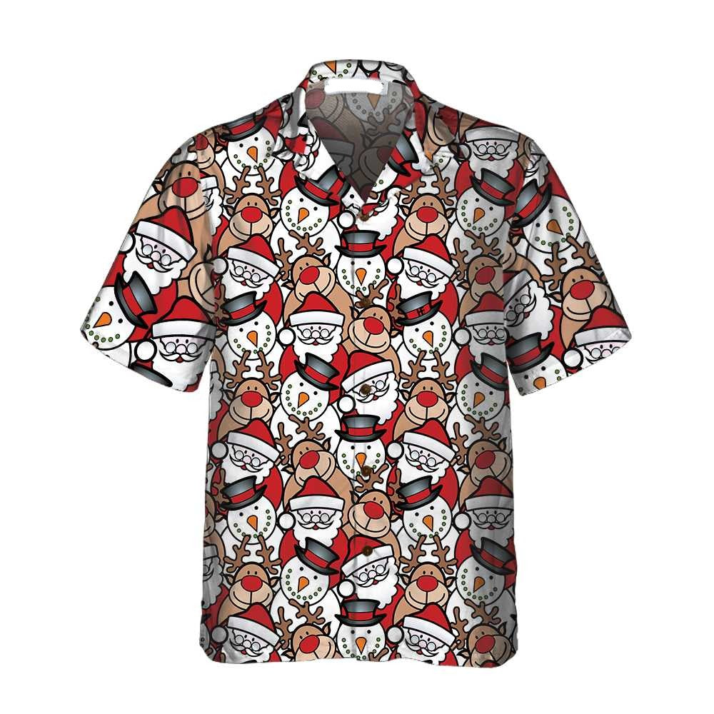 NoClaws Christmas Hawaii Shirt Santa Reindeer And Snowman Pattern Hawaiian Shirt Red White Unisex
