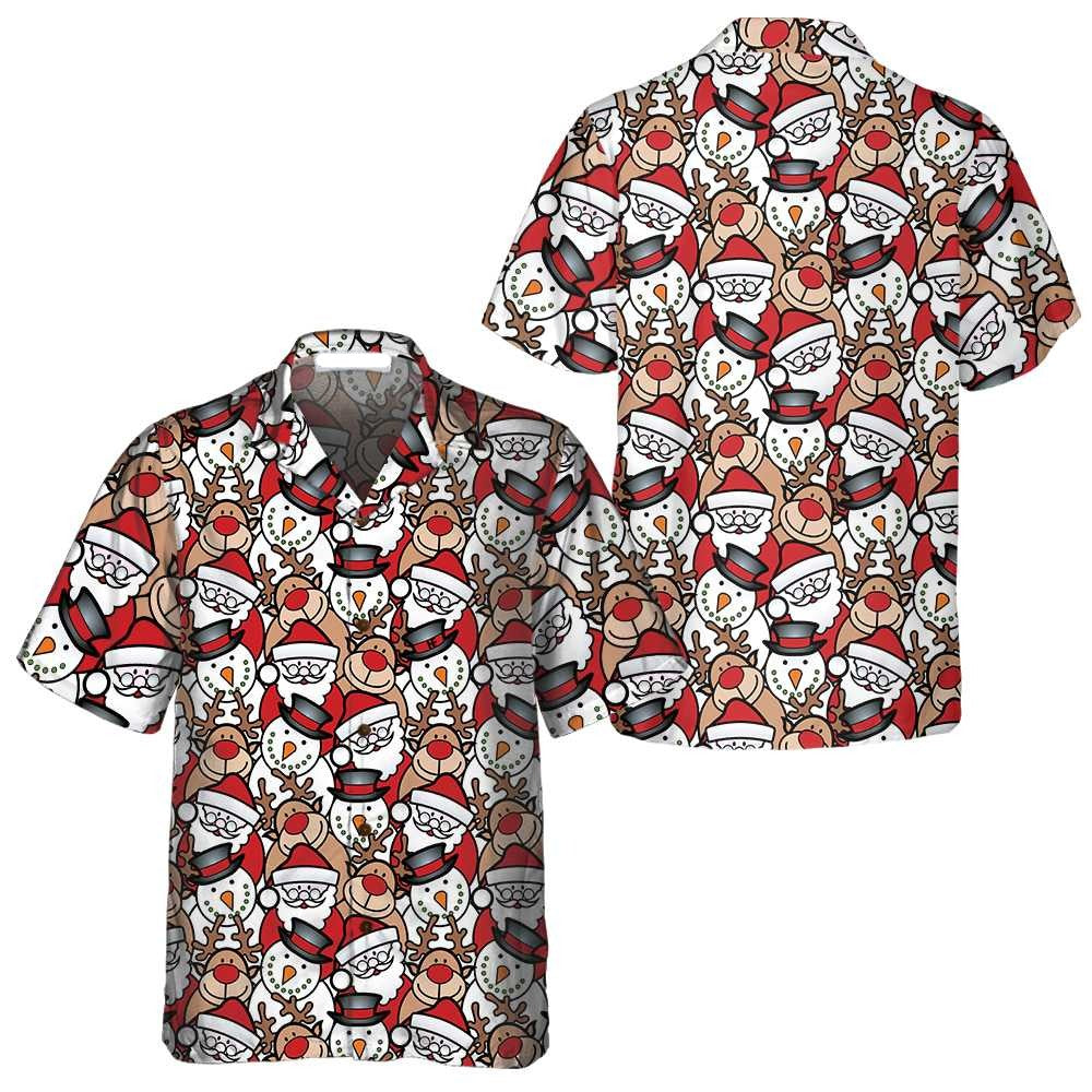 NoClaws Christmas Hawaii Shirt Santa Reindeer And Snowman Pattern Hawaiian Shirt Red White Unisex
