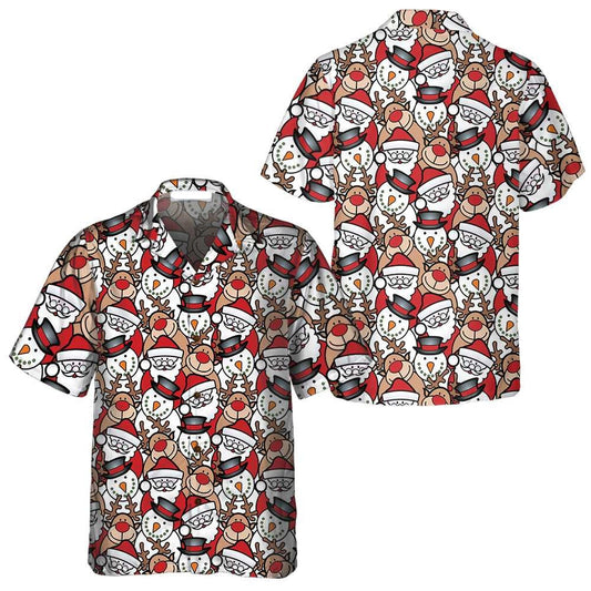 NoClaws Christmas Hawaii Shirt Santa Reindeer And Snowman Pattern Hawaiian Shirt Red White Unisex