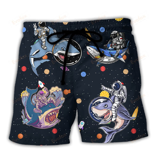 Shark Shorts Shark and Astronaut in Space Beach Shorts Black