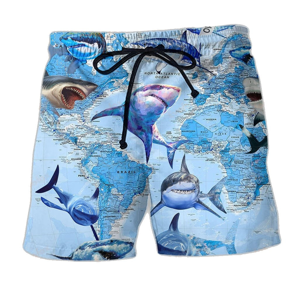 Shark Shorts the Great White Sharks World Map Beach Shorts Blue