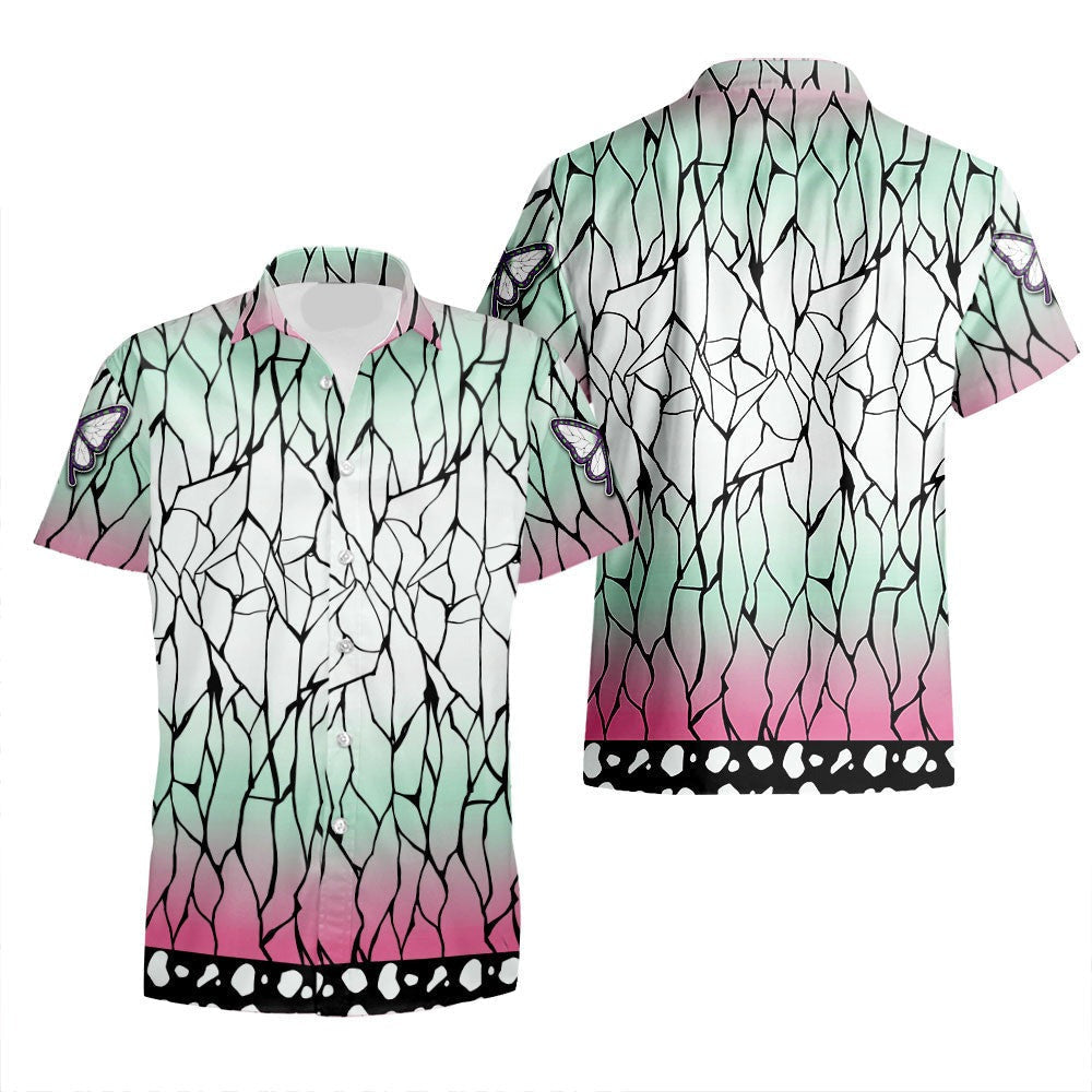 NoClaws NoClaws Demon Slayer Hawaii Shirt Demon Slayer Shinobu Kocho Haori Pattern Hawaiian Shirt Green Pink Unisex