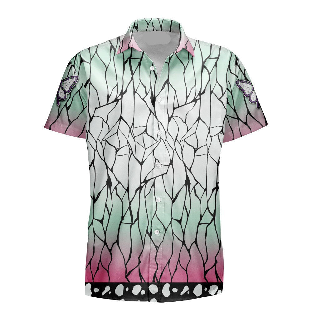 NoClaws NoClaws Demon Slayer Hawaii Shirt Demon Slayer Shinobu Kocho Haori Pattern Hawaiian Shirt Green Pink Unisex