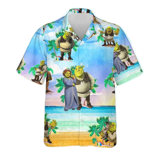 NoClaws Shrek Hawaii Shirt Shrek And Fiona Princess Tropical Pattern Aloha Shirt Blue Unisex