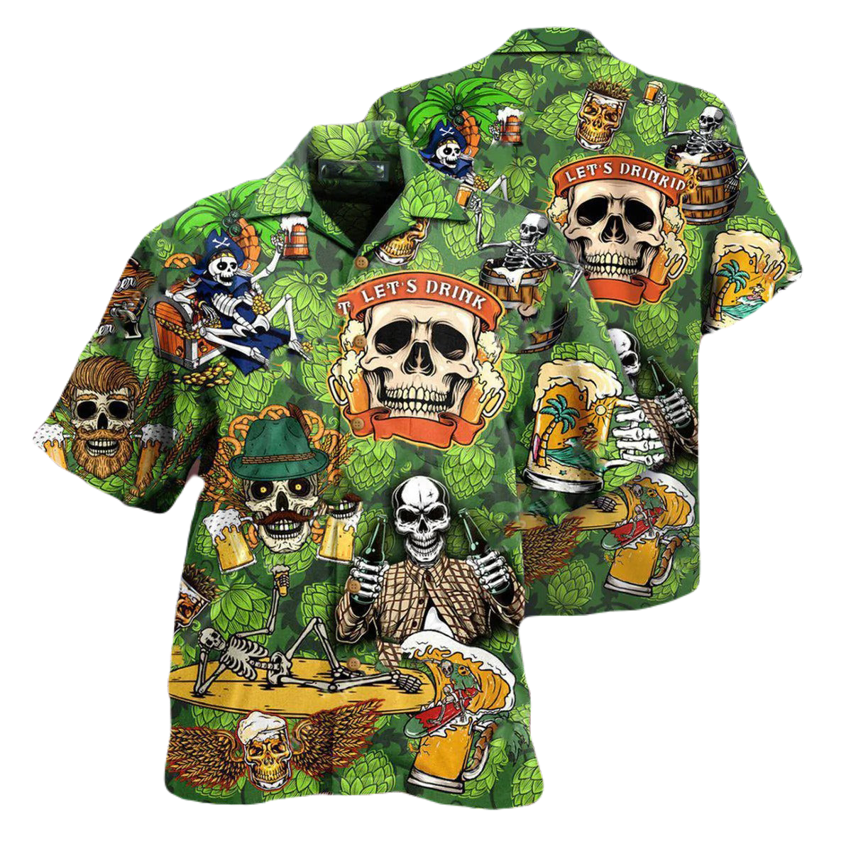 NoClaws Skull Hawaii Shirt Skull Let's Drink Beer Pattern Hawaiian Shirt Green Unisex