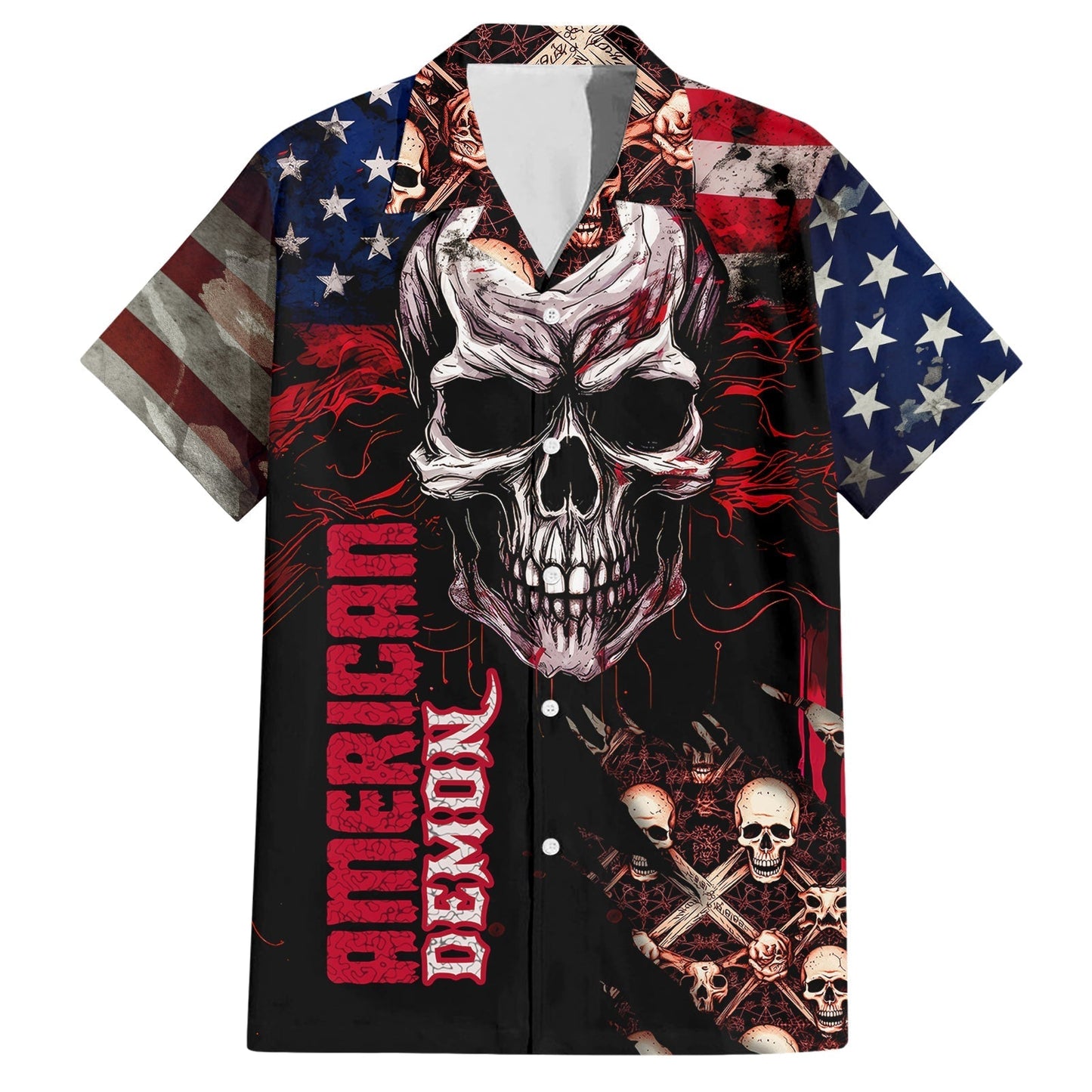 NoClaws Skull Hawaii Shirt Skull American Demon Flag Pattern Hawaiian Shirt Black Red Unisex