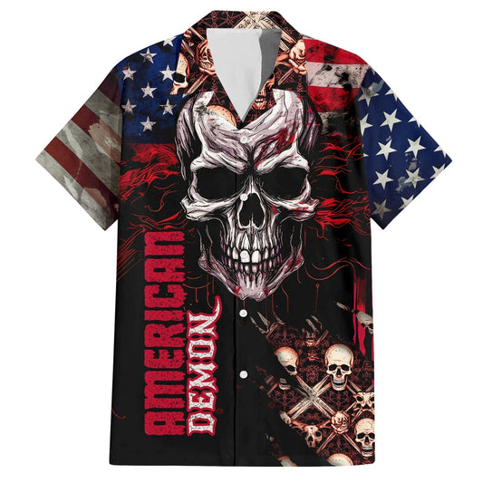 NoClaws Skull Hawaii Shirt Skull American Demon Flag Pattern Hawaiian Shirt Black Red Unisex