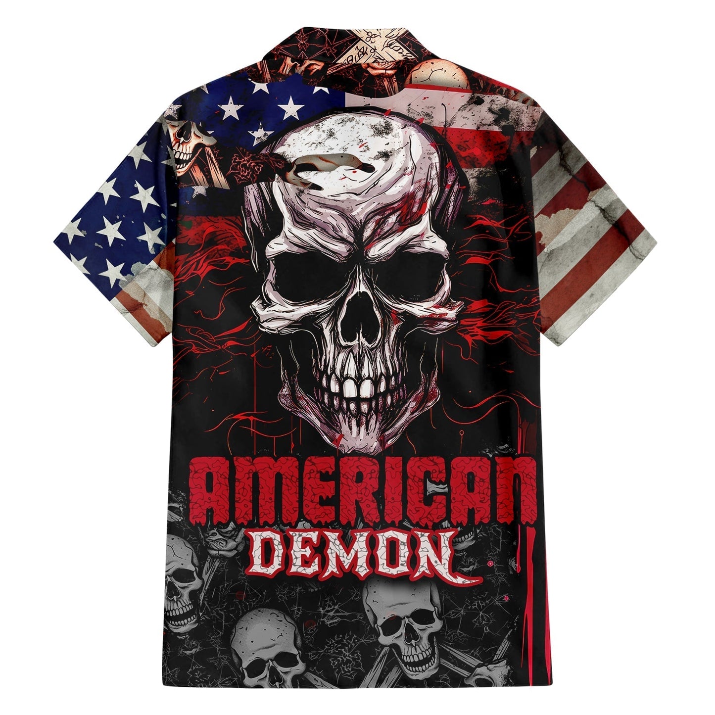 NoClaws Skull Hawaii Shirt Skull American Demon Flag Pattern Hawaiian Shirt Black Red Unisex