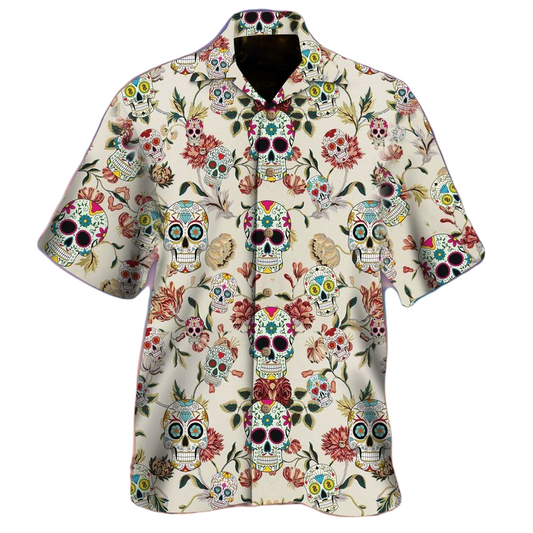 NoClaws Skull Hawaii Shirt Sugar Skull Flowers Pattern Hawaiian Shirt Colorful Unisex