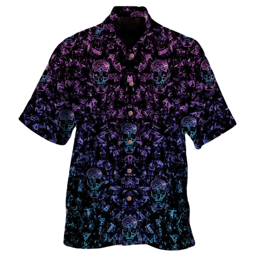 NoClaws Skull Hawaii Shirt Glowing Skull Geometric Pattern Hawaiian Shirt Black Purple Unisex