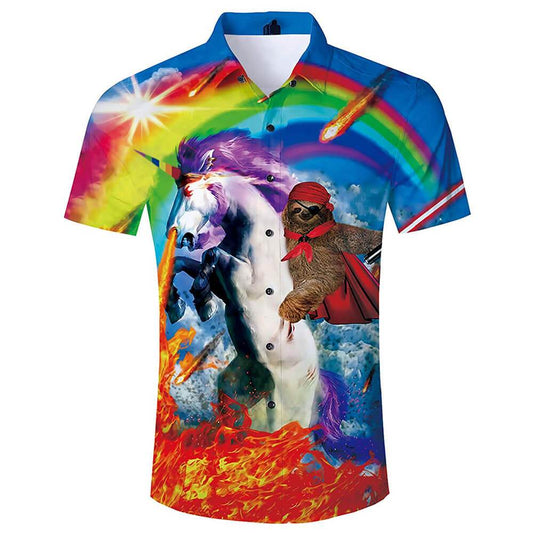 NoClaws Funny Hawaii Shirt Sloth Riding Unicorn Funny Hawaiian Shirt Colorful Unisex