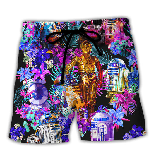 Starwars Shorts Starwars Droid Tropical Flower Pattern Beach Shorts Colorful