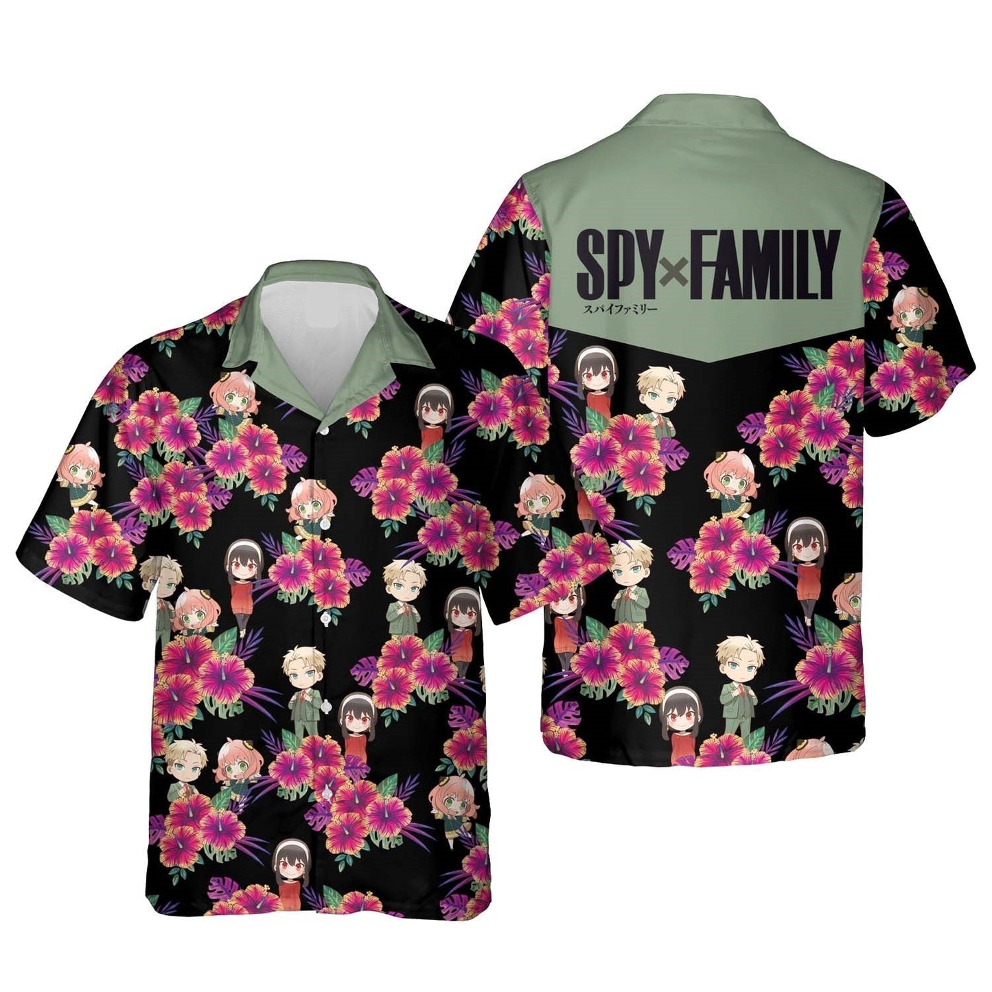 NoClaws NoClaws Spyxfamily Hawaii Shirt Spyxfamily Chibi Characters Tropical Pattern Hawaiian Shirt Black Pink Unisex