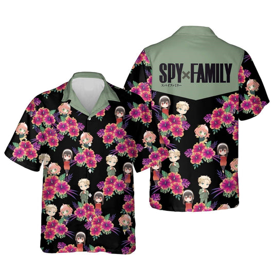 NoClaws NoClaws Spyxfamily Hawaii Shirt Spyxfamily Chibi Characters Tropical Pattern Hawaiian Shirt Black Pink Unisex