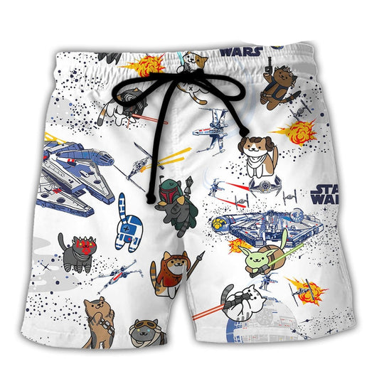 Starwars Shorts Starwars Cat Characters Pattern Beach Shorts White