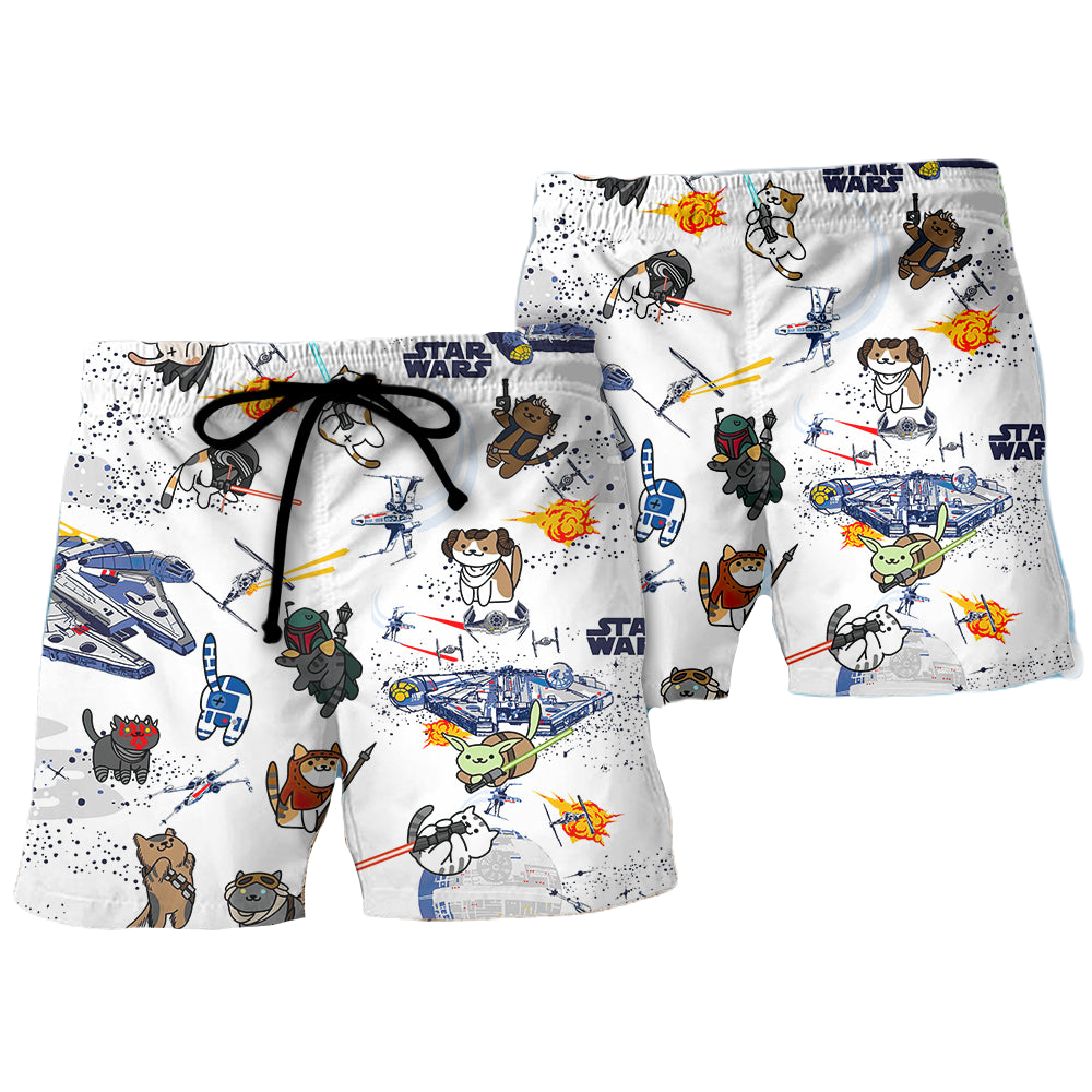 Starwars Shorts Starwars Cat Characters Pattern Beach Shorts White