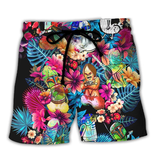 Starwars Shorts Starwars Chewbacca R2 D2 Tropical Flower Beach Shorts Colorful