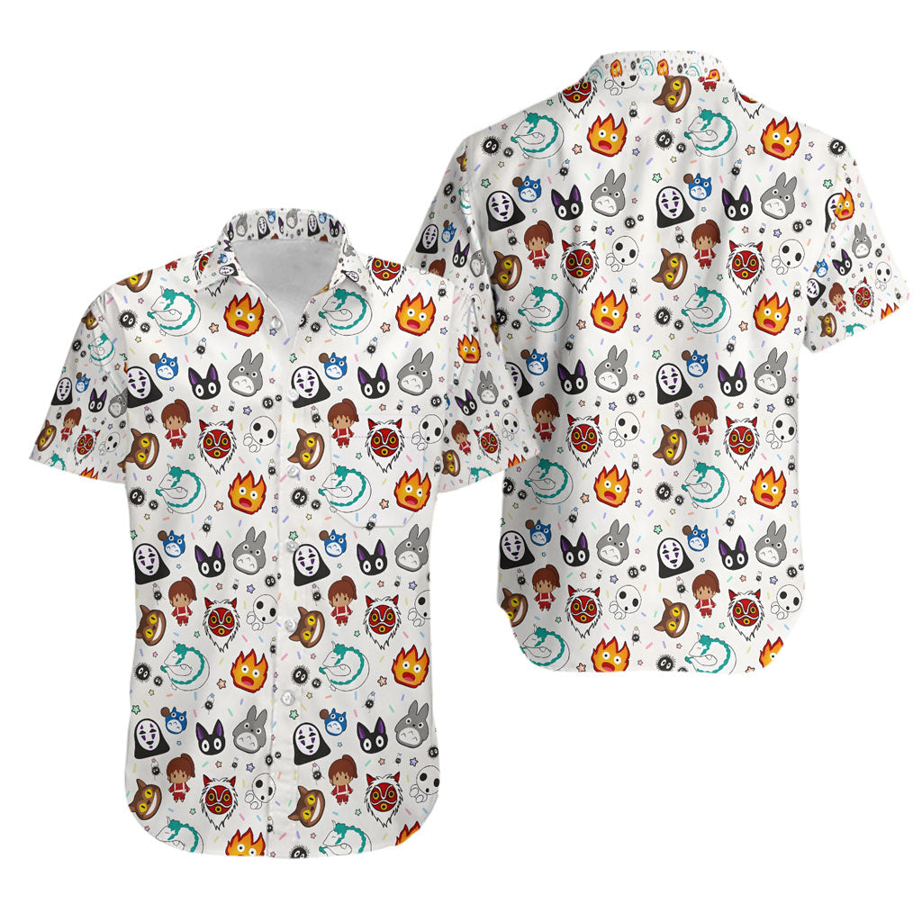 NoClaws Studio Ghibli Hawaii Shirt Chibi Studio Ghibli Characters Face Pattern Hawaiian Shirt White Unisex